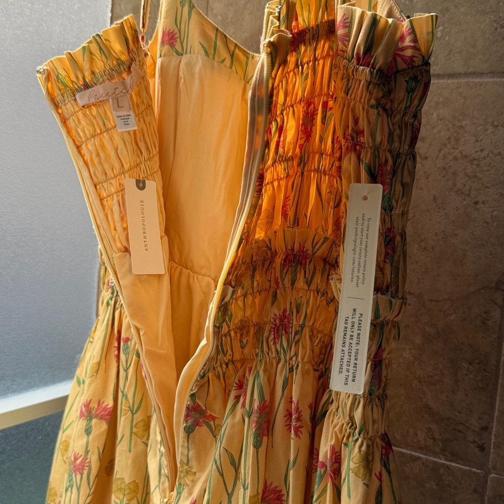 Anthropologie Hutch Sleeveless Smocked Midi Dress Gold Floral Ruffles Pockets L - Picture 8 of 16